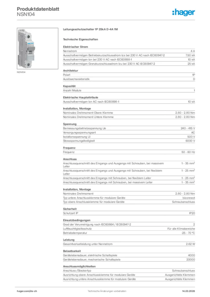 Bild Hager Produktdatenblatt NSN104 | Hager Schweiz