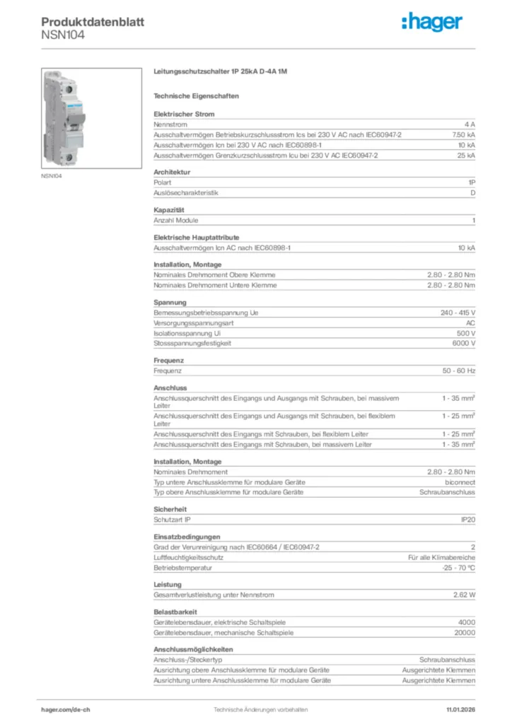 Bild Hager Produktdatenblatt NSN104 | Hager Schweiz