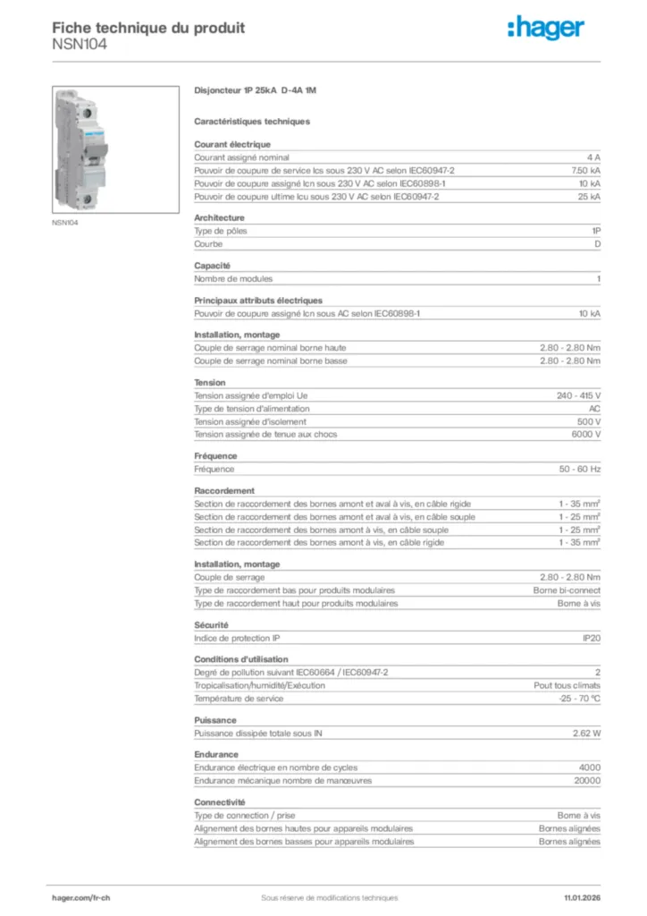 Image Hager Fiche technique du produit NSN104 | Hager Suisse