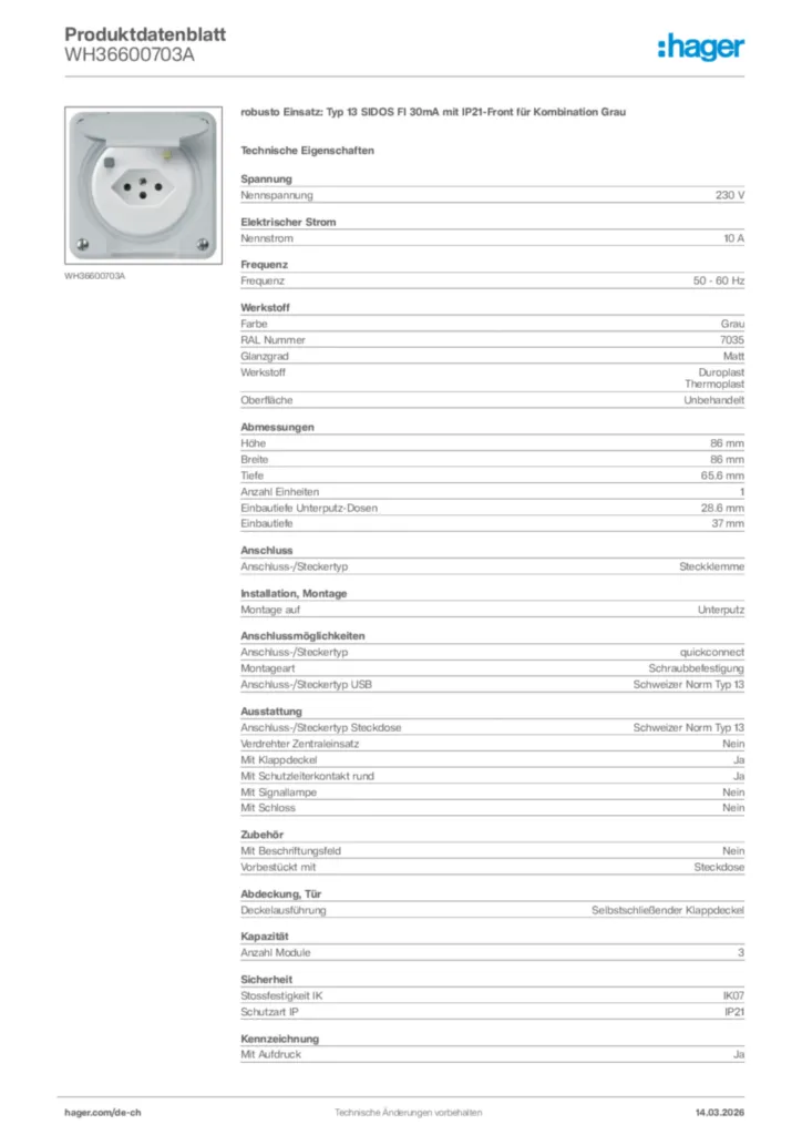 Bild Hager Produktdatenblatt WH36600703A | Hager Schweiz