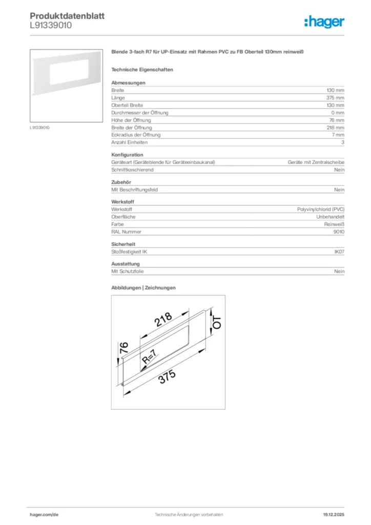 Bild Hager Produktdatenblatt L91339010 | Hager Deutschland