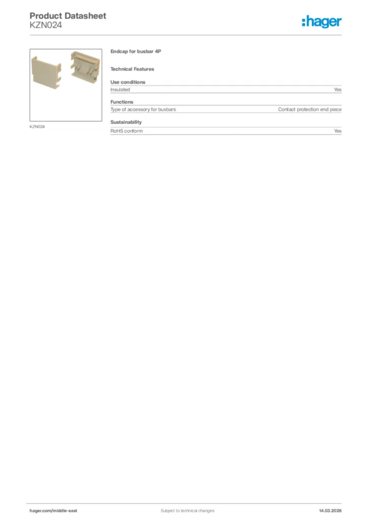 Image Hager Product data sheet KZN024  | Hager