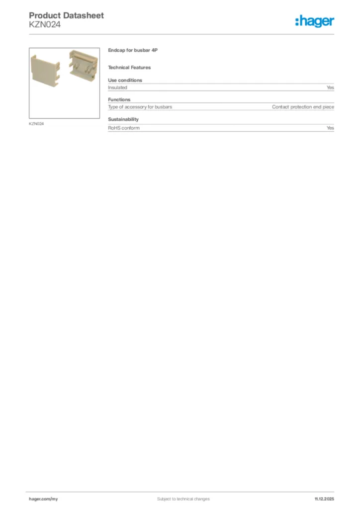 Image Hager Product data sheet KZN024  | Hager