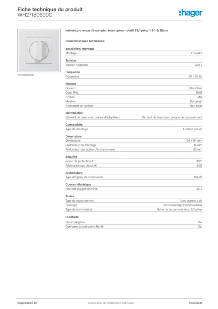Image Hager Fiche technique du produit WH27180600C | Hager Suisse