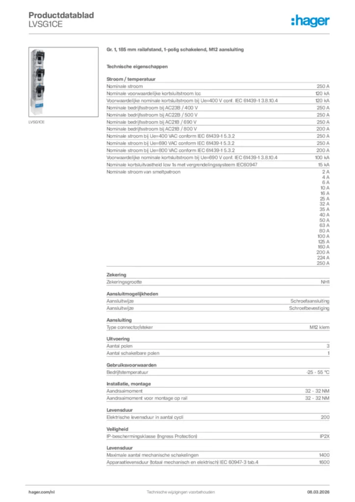 Afbeelding Hager Productdatablad LVSG1CE | Hager Nederland