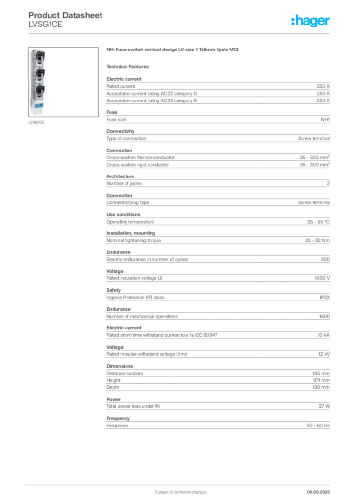 Image Hager Product data sheet LVSG1CE  | Hager