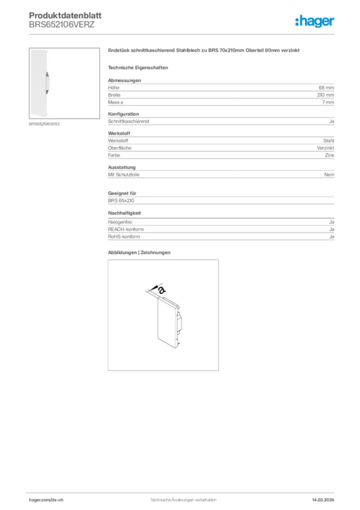 Bild Hager Produktdatenblatt BRS652106VERZ | Hager Schweiz