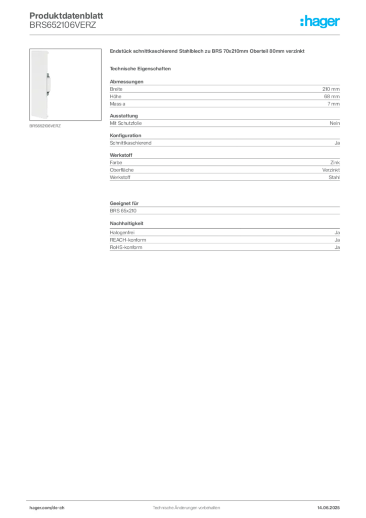 Bild Hager Produktdatenblatt BRS652106VERZ | Hager Schweiz