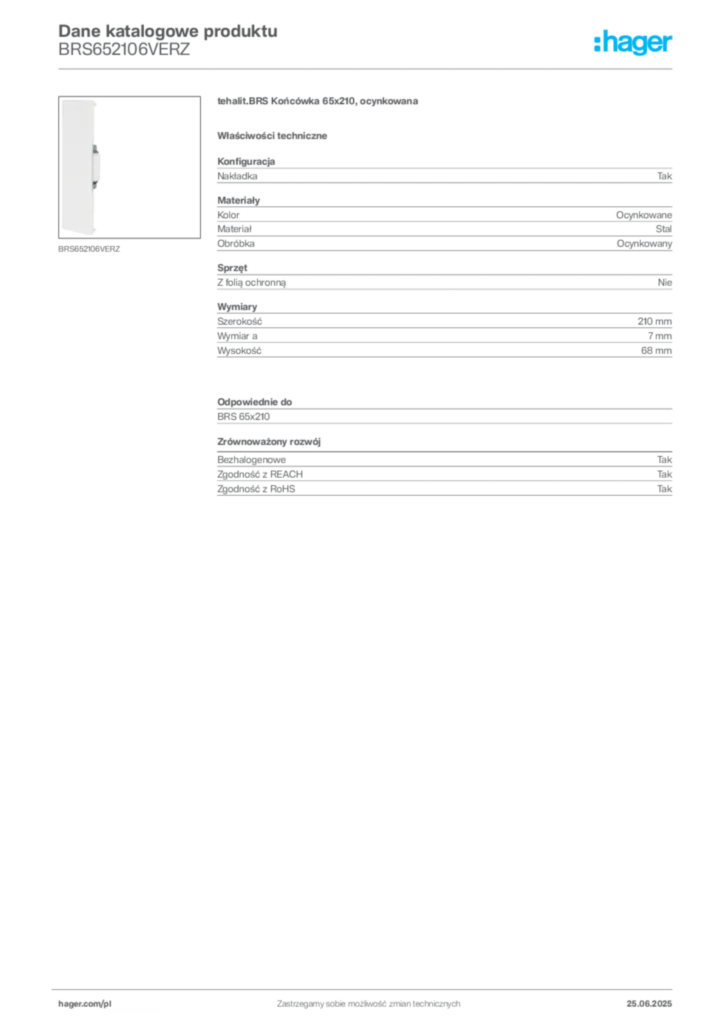 Zdjęcie Hager Karta katalogowa BRS652106VERZ | Hager Polska