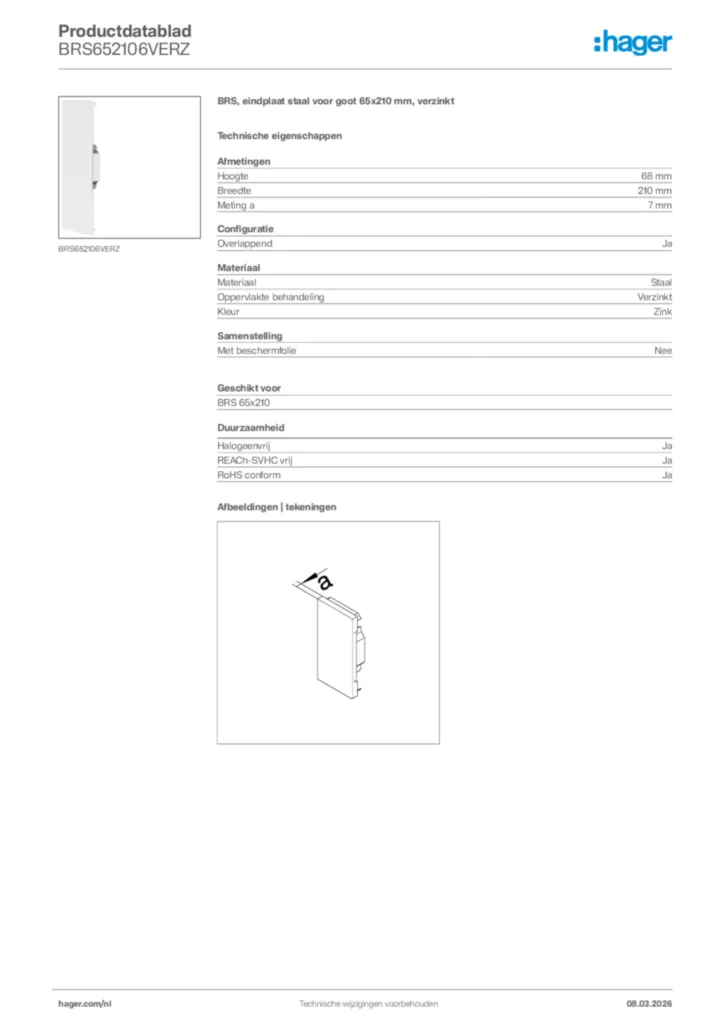 Afbeelding Hager Productdatablad BRS652106VERZ | Hager Nederland