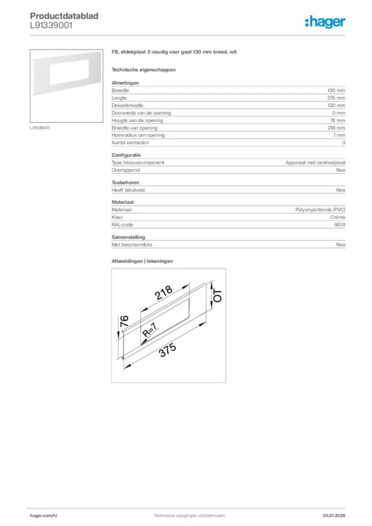 Afbeelding Hager Productdatablad L91339001 | Hager Nederland