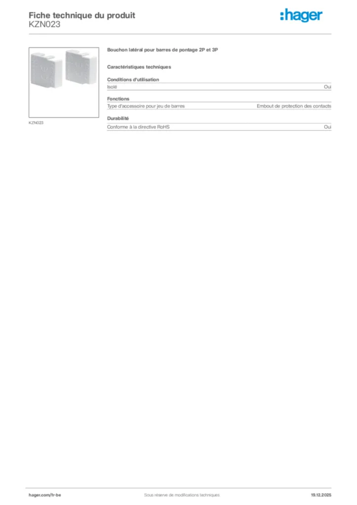 Image Hager Fiche technique du produit KZN023 | Hager Belgique
