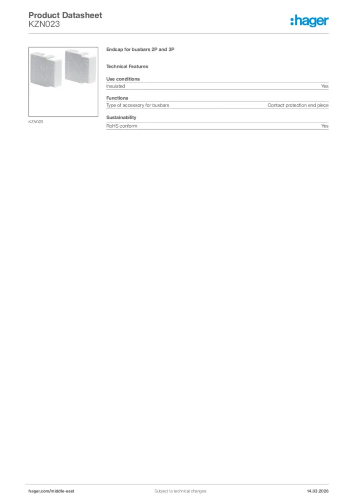 Image Hager Product data sheet KZN023  | Hager