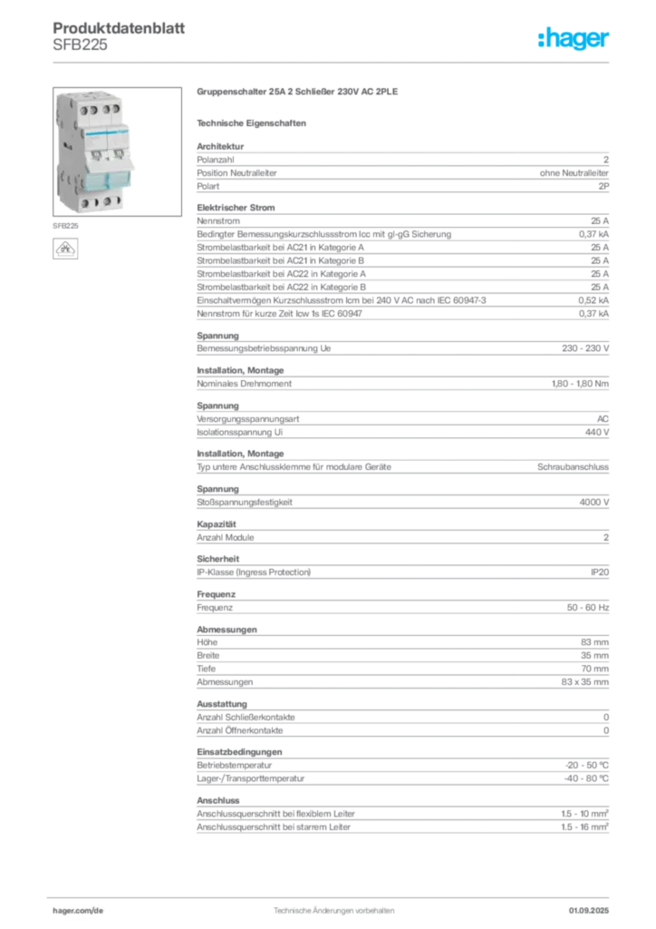 Bild Hager Produktdatenblatt SFB225 | Hager Deutschland