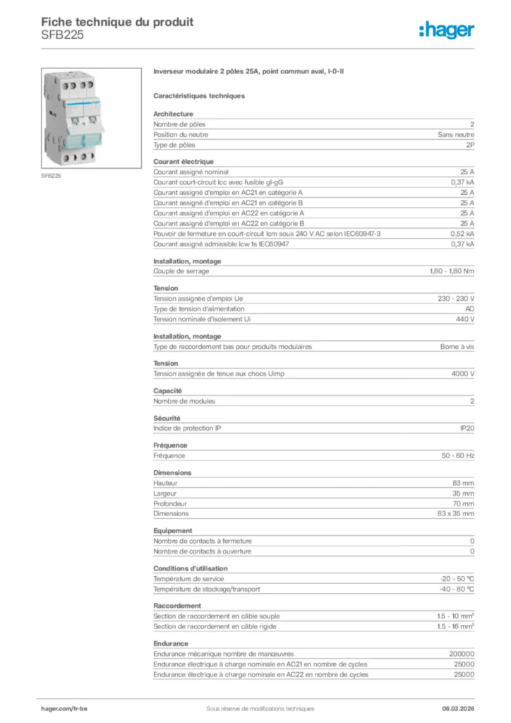 Image Hager Fiche technique du produit SFB225 | Hager Belgique