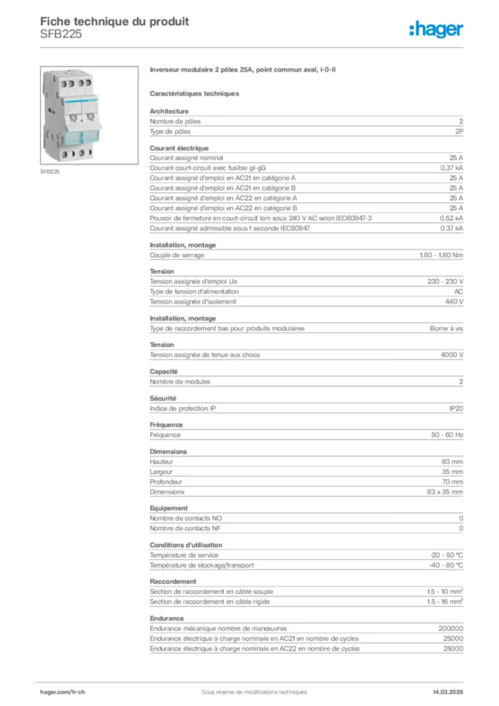 Image Hager Fiche technique du produit SFB225 | Hager Suisse