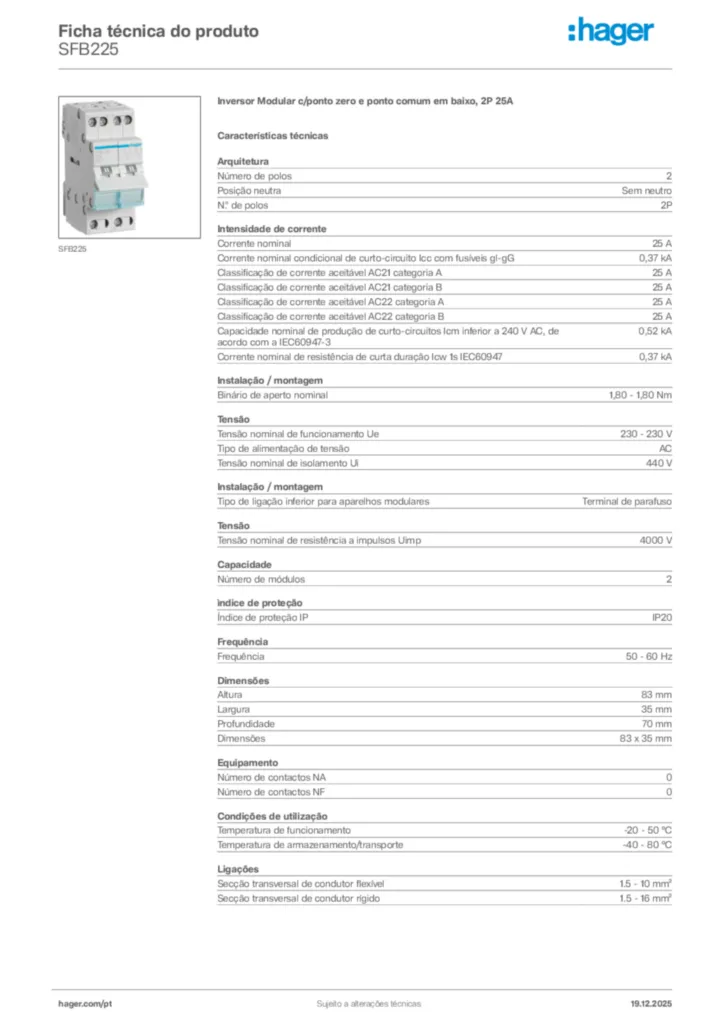 Imagem Hager Ficha técnica do produto SFB225 | Hager Portugal