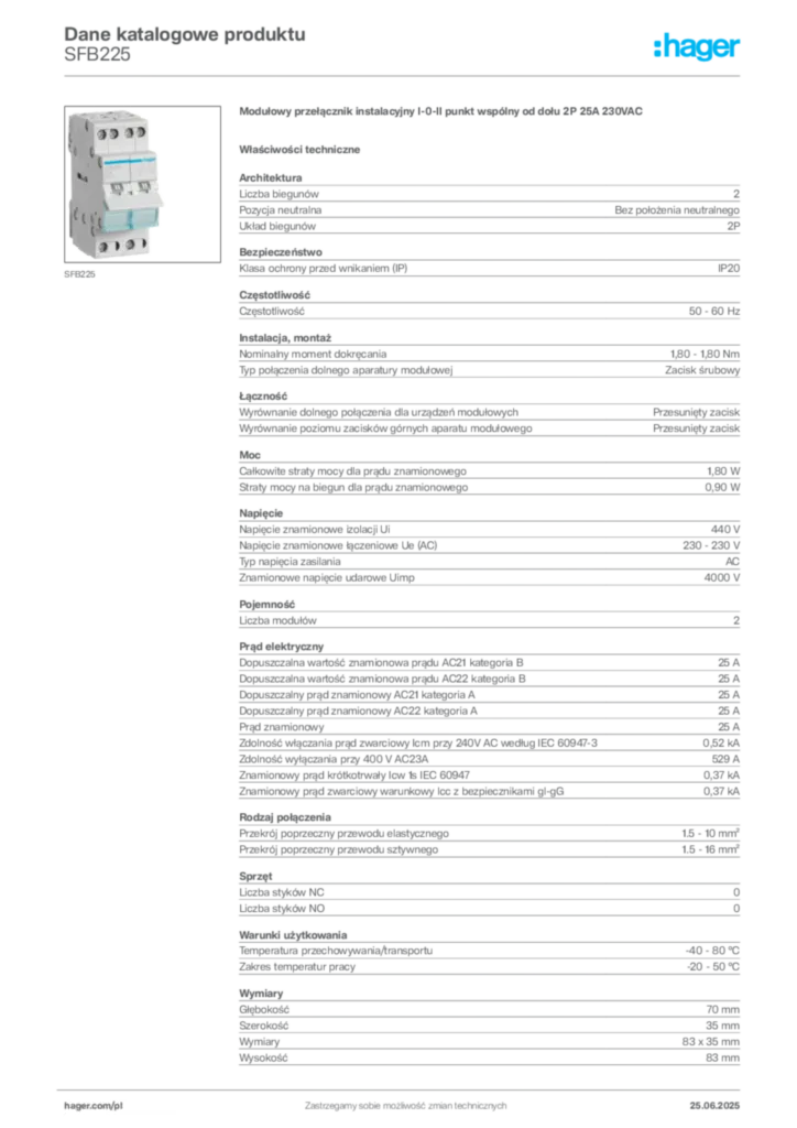 Zdjęcie Hager Karta katalogowa SFB225 | Hager Polska