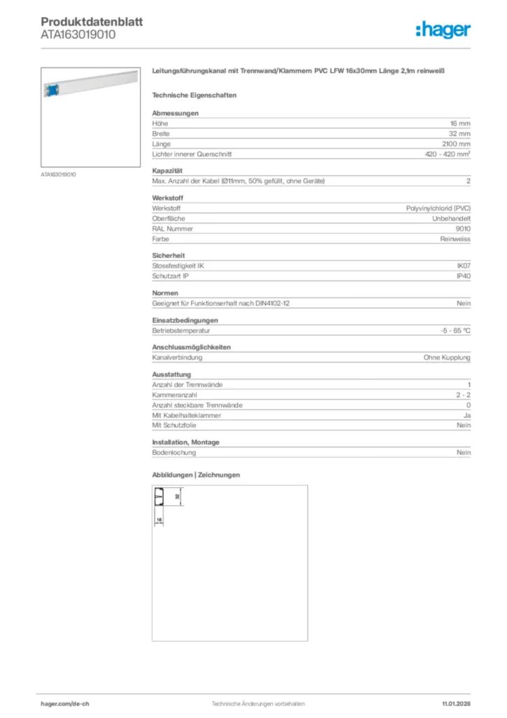 Bild Hager Produktdatenblatt ATA163019010 | Hager Schweiz