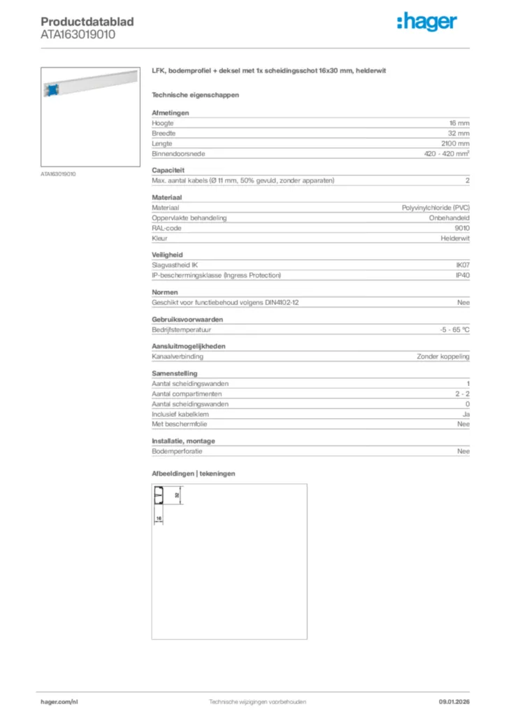 Afbeelding Hager Productdatablad ATA163019010 | Hager Nederland