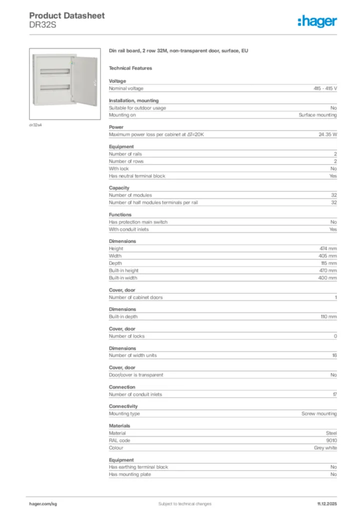 Image Hager Product data sheet DR32S  | Hager