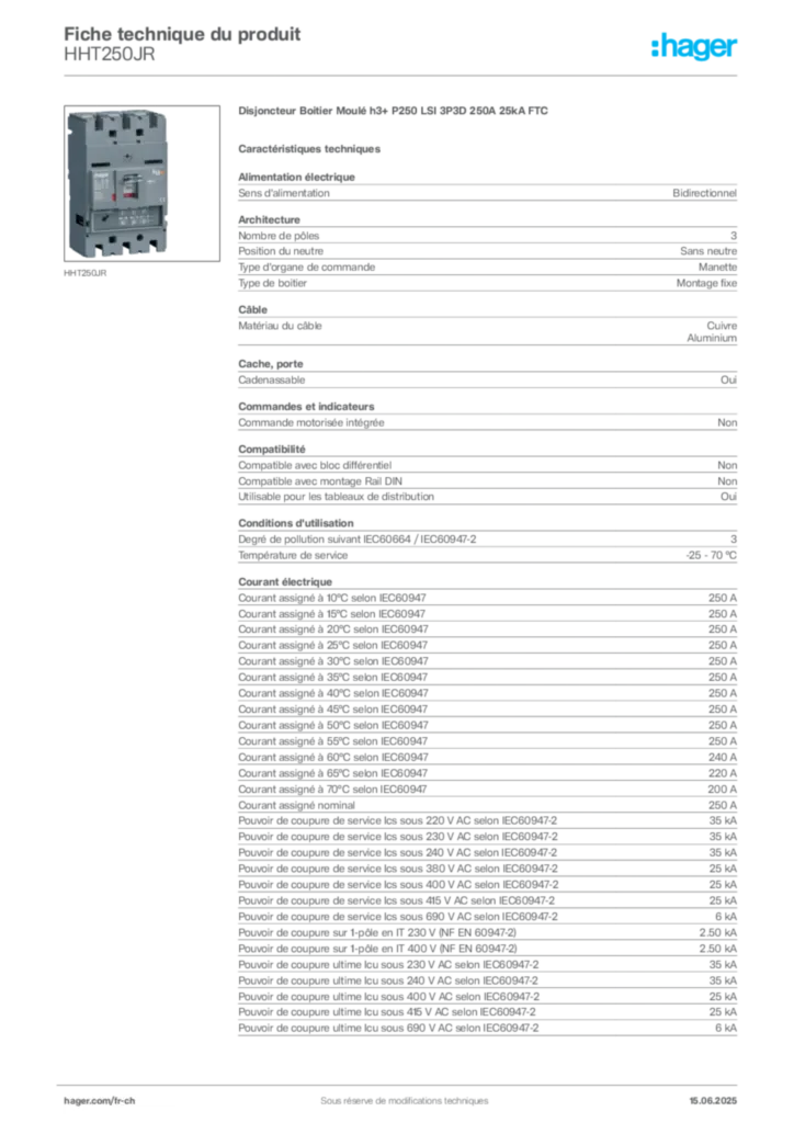 Image Hager Fiche technique du produit HHT250JR | Hager Suisse
