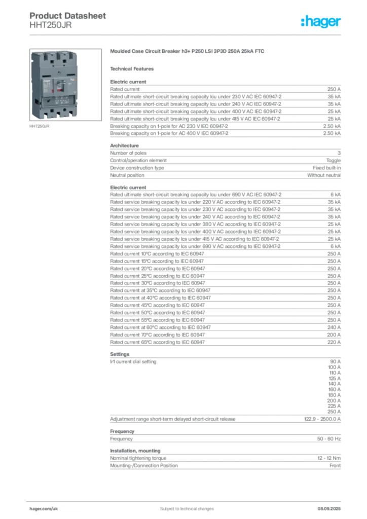 Image Hager Product data sheet HHT250JR  | Hager