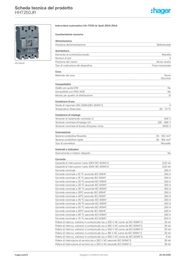 Immagine Hager Scheda tecnica del prodotto HHT250JR | Hager Italia