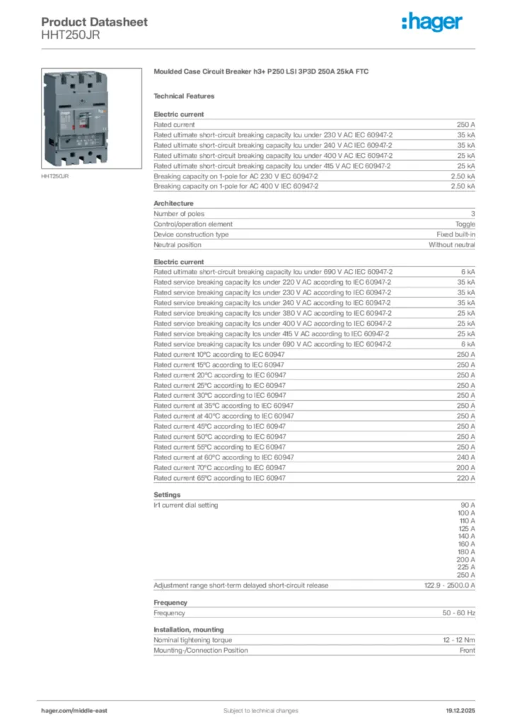 Image Hager Product data sheet HHT250JR  | Hager