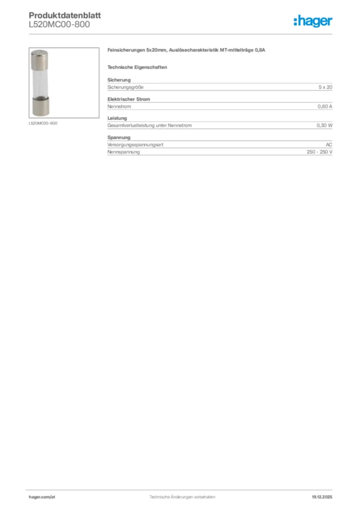 Bild Hager Produktdatenblatt L520MC00-800 | Hager Deutschland