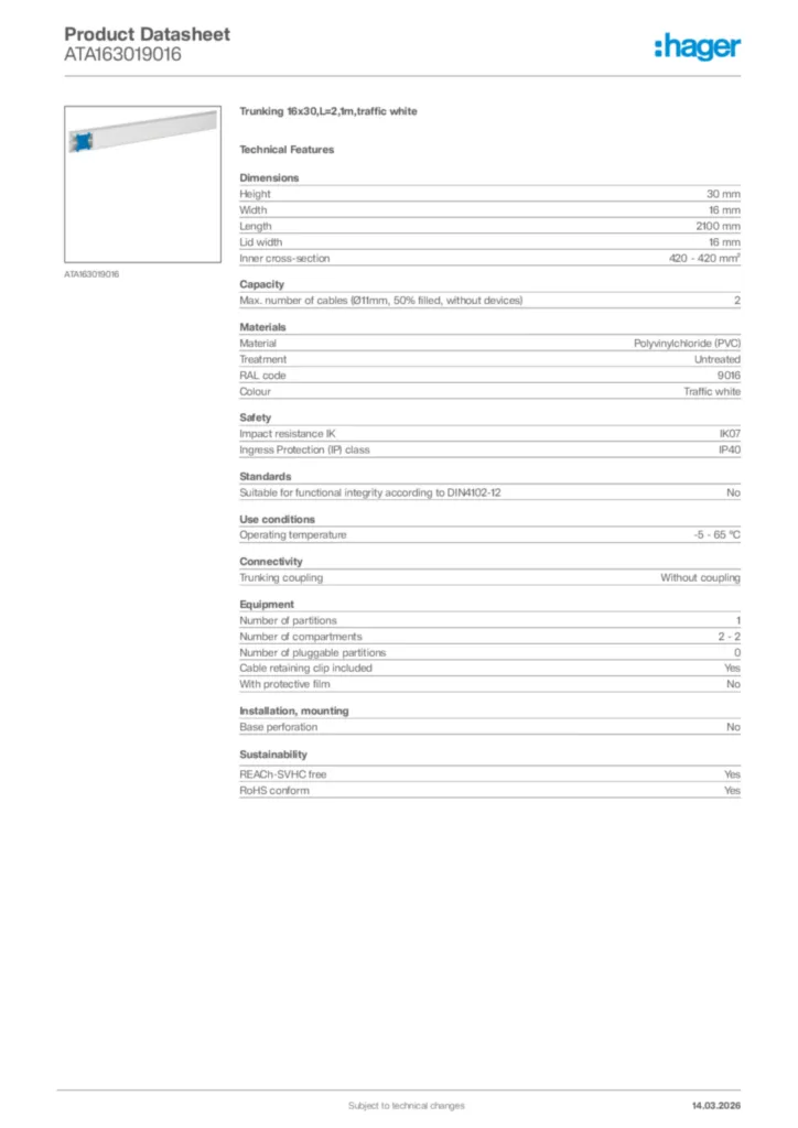 Image Hager Product data sheet ATA163019016  | Hager Africa