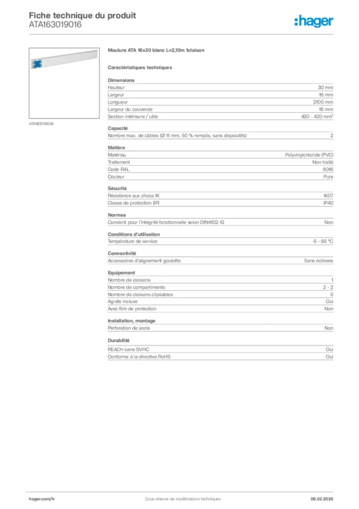 Image Hager Fiche technique du produit ATA163019016 | Hager France