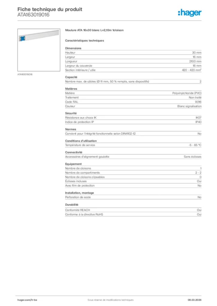 Image Hager Fiche technique du produit ATA163019016 | Hager Belgique