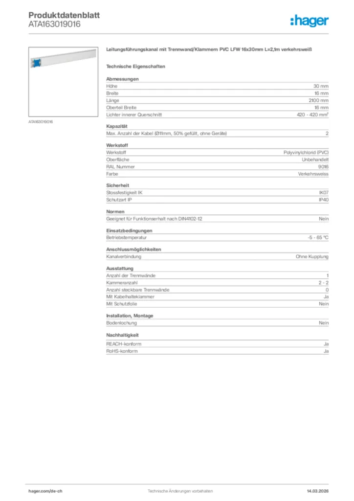 Bild Hager Produktdatenblatt ATA163019016 | Hager Schweiz