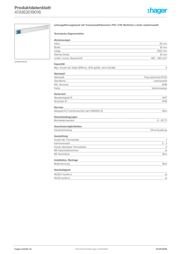 Bild Hager Produktdatenblatt ATA163019016 | Hager Schweiz
