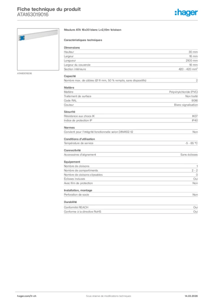 Image Hager Fiche technique du produit ATA163019016 | Hager Suisse