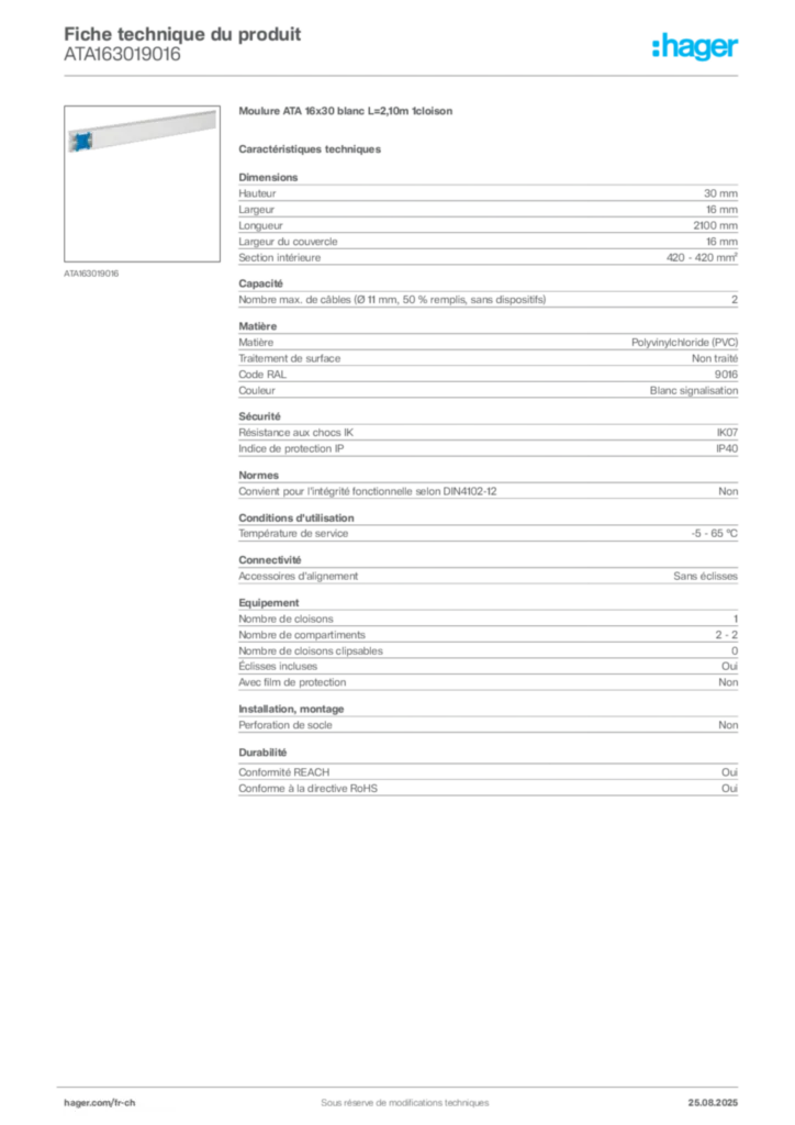 Image Hager Fiche technique du produit ATA163019016 | Hager Suisse