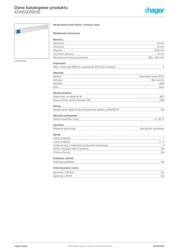 Zdjęcie Hager Karta katalogowa ATA163019016 | Hager Polska