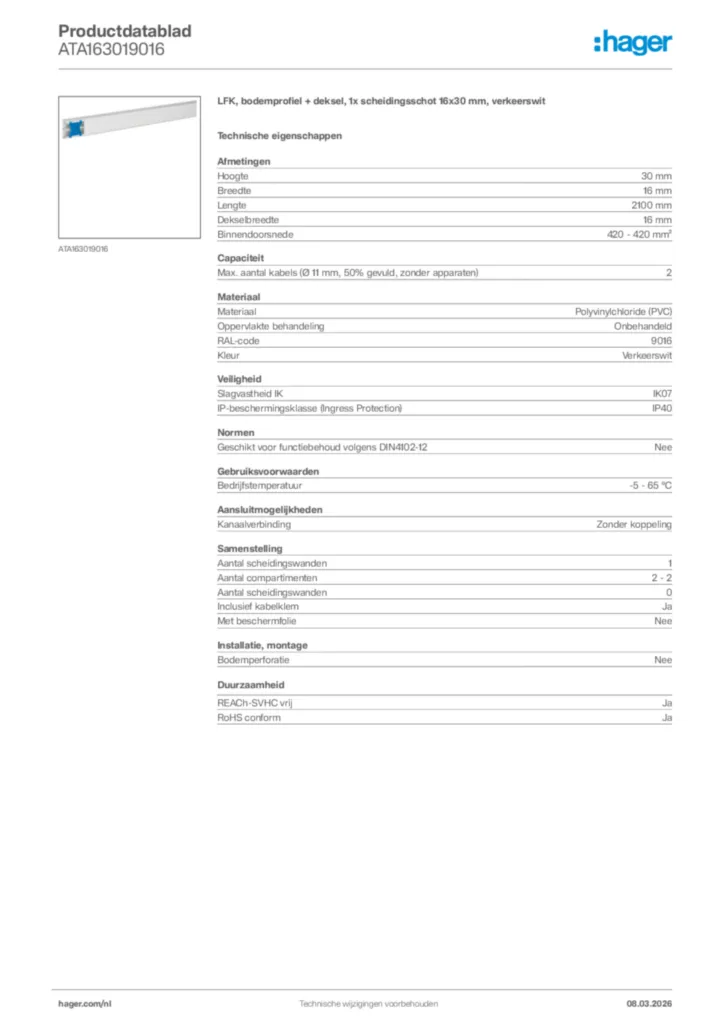 Afbeelding Hager Productdatablad ATA163019016 | Hager Nederland