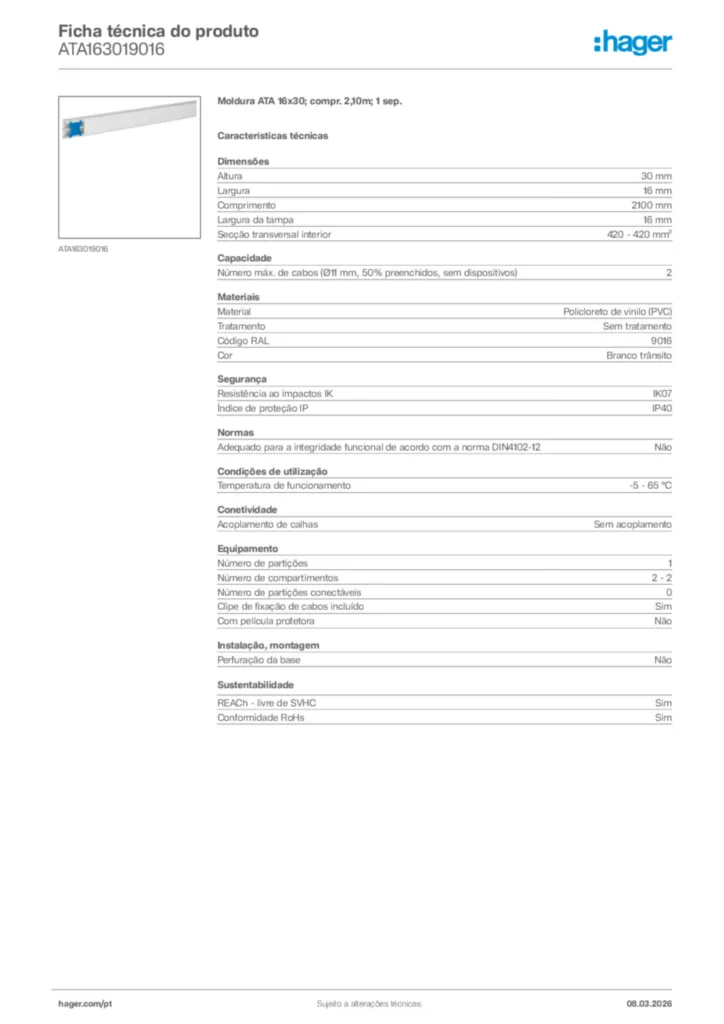 Imagem Hager Ficha técnica do produto ATA163019016 | Hager Portugal