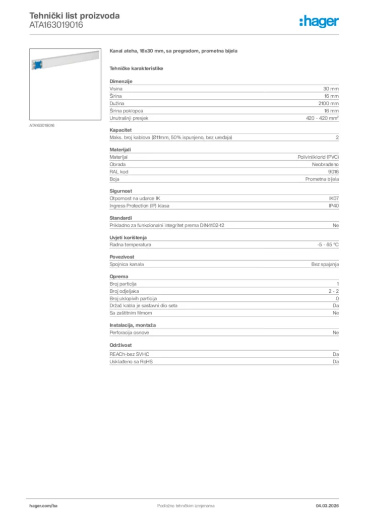 Slika Hager Tehnički list proizvoda ATA163019016  | Hager