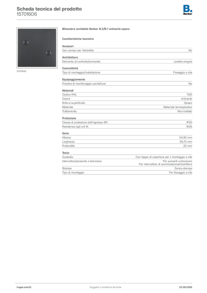 Immagine Berker Scheda tecnica del prodotto 15701606 | Hager Italia