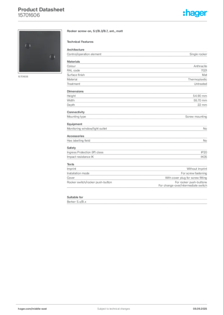 Image Hager Product data sheet 15701606  | Hager