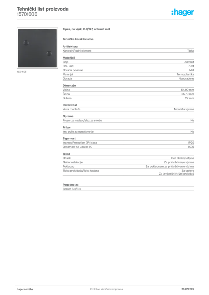 Slika Hager Product data sheet 15701606  | Hager