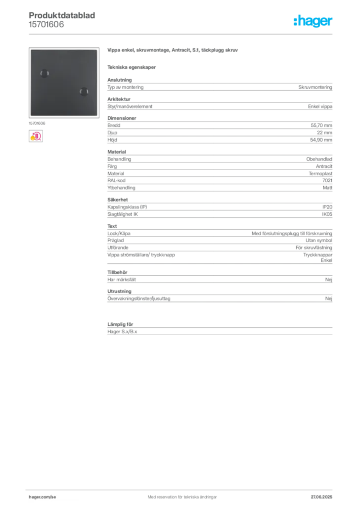 Bild Hager Produktdatablad 15701606 | Hager Sverige