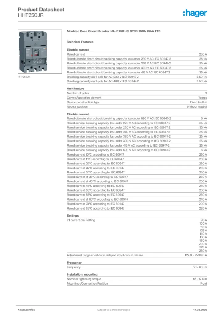 Image Hager Product data sheet HHT250JR  | Hager Australia