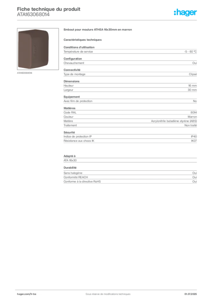 Image Hager Fiche technique du produit ATA163068014 | Hager Belgique