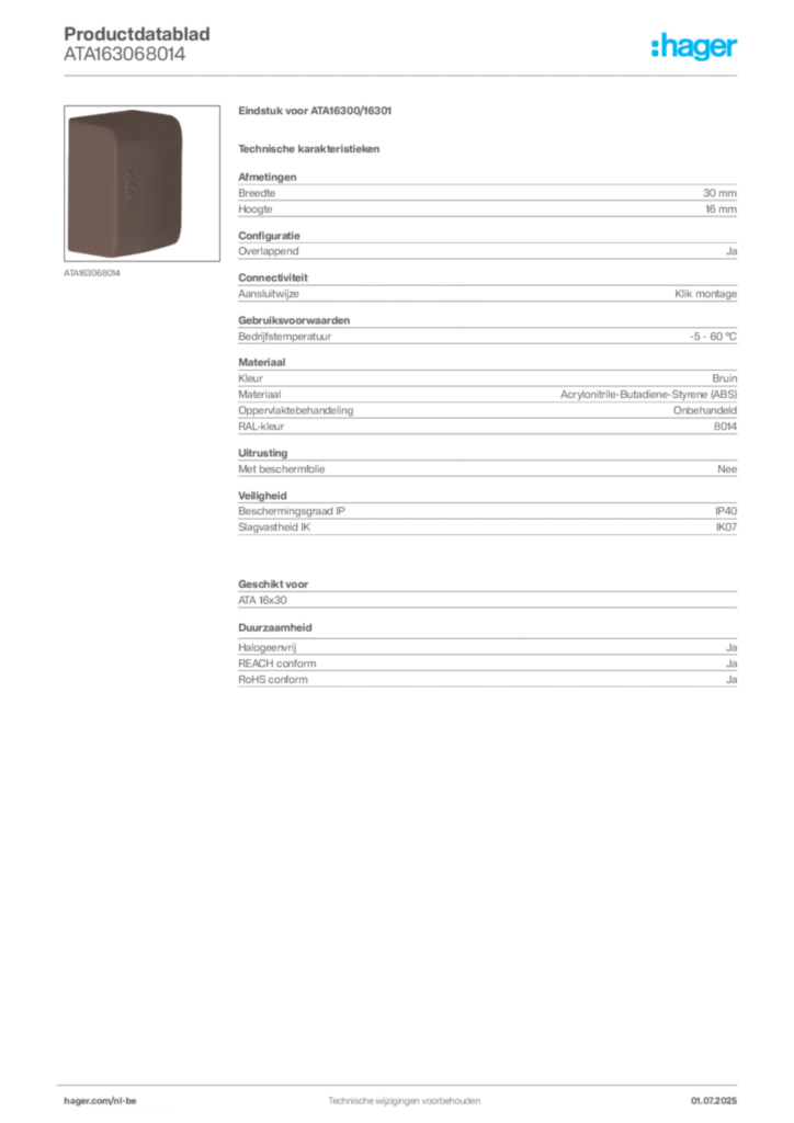 Afbeelding Hager Productdatablad ATA163068014 | Hager Belgium