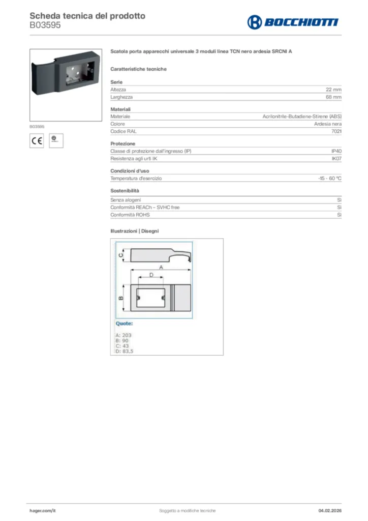 Immagine Bocchiotti Scheda tecnica del prodotto B03595 | Hager Italia