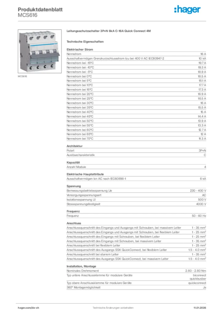 Bild Hager Produktdatenblatt MCS616 | Hager Schweiz